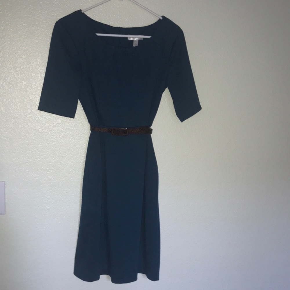 Teal pleated neck dress